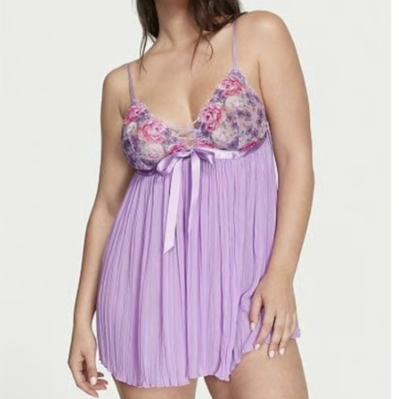 RARE Victoria's Secret Purple Floral Embroidery Pleated Babydoll Lingerie Medium - Picture 3 of 5